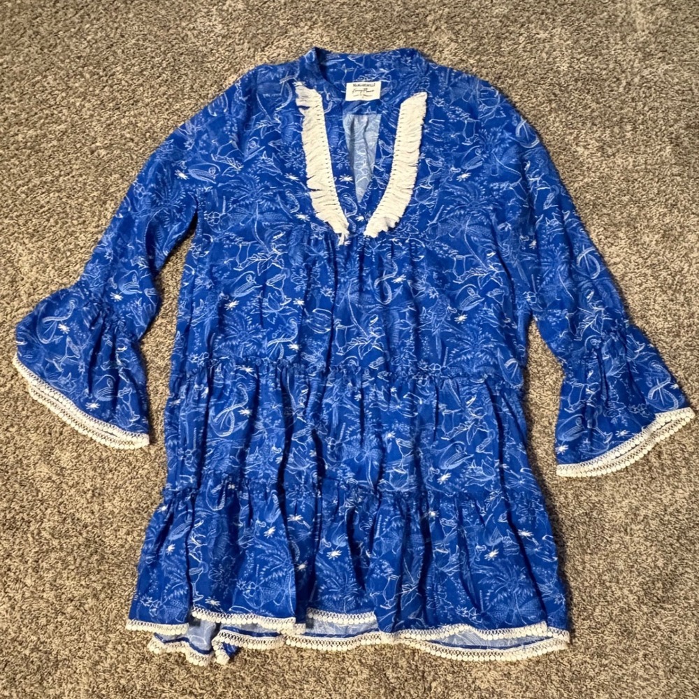 Kenny Flowers Ode to Jimmy Margaritaville Blue Fringe Dress Large but FITS XL